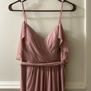 Azazie Fiena A-Line V-neck Ruched Mesh Floor-Length Dress dusty rose